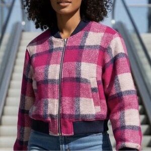 House of Harlow 1960 Pink and Blue Plaid Bomber Jacket